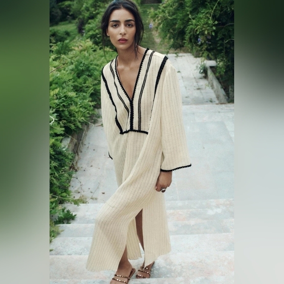 Zara Dresses & Skirts - ZARA WOMAN NWT STRIPED RUSTIC KAFTAN MIDI DRESS ECRU / BLACK | 1165/156 XS-S